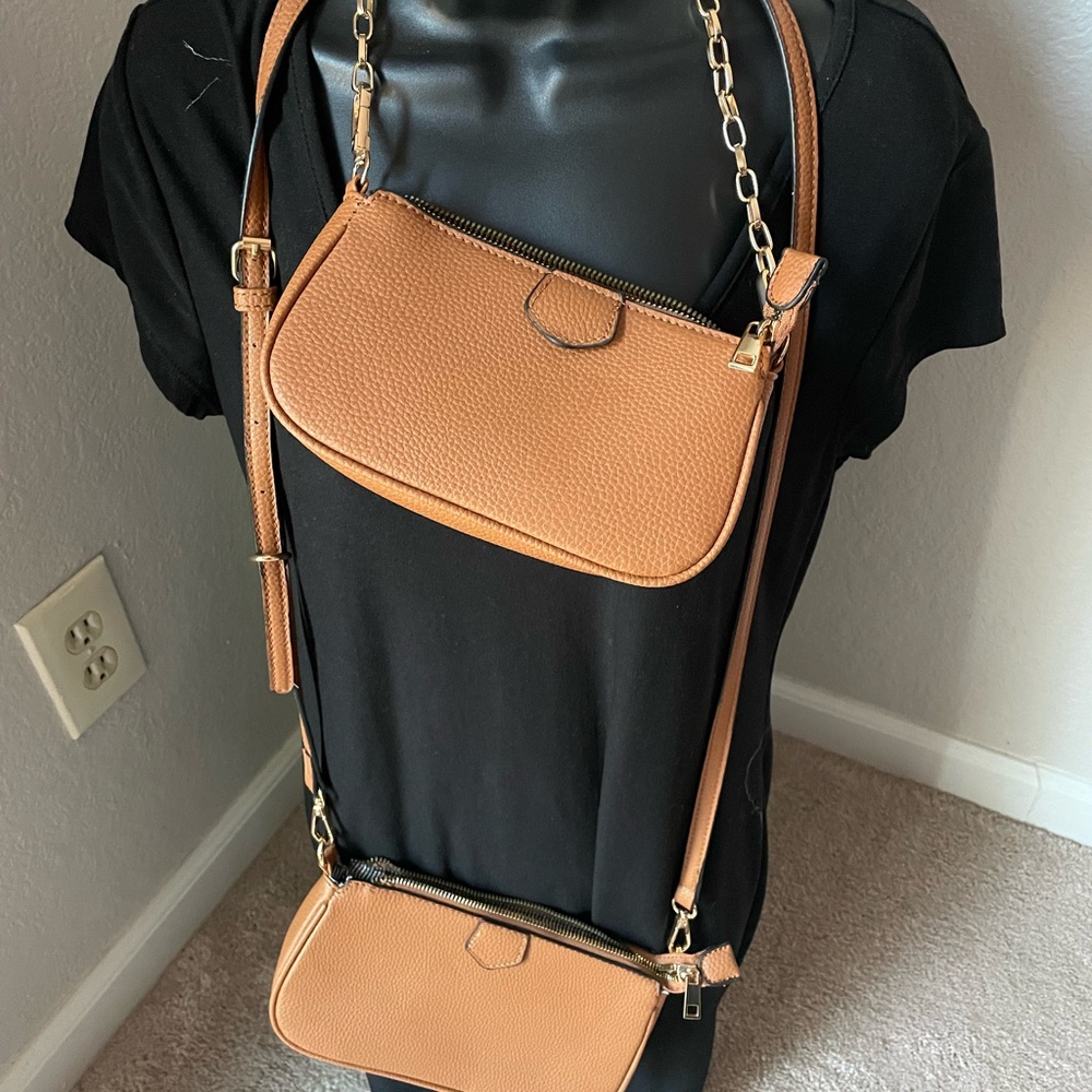 DELUXITY | Faux Leather Crossbody 3pc Set in tan